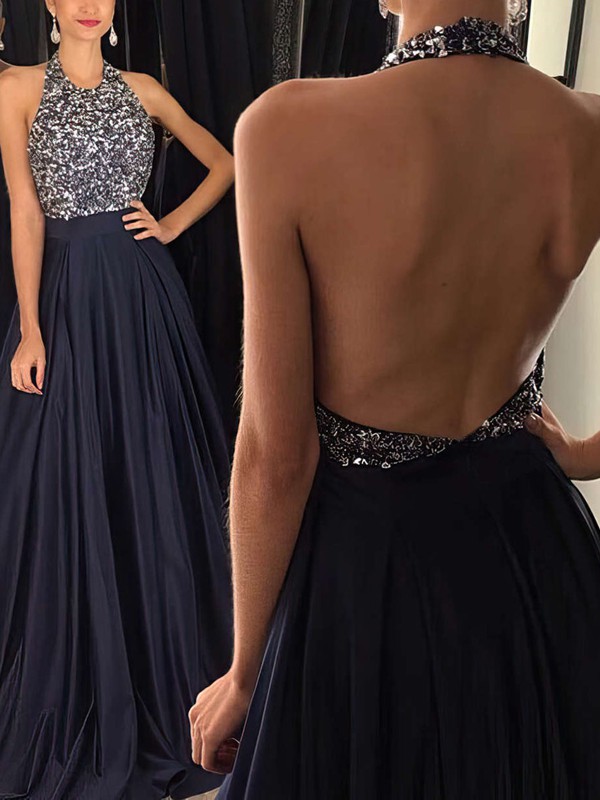 Red Beaded Halter Prom Dress